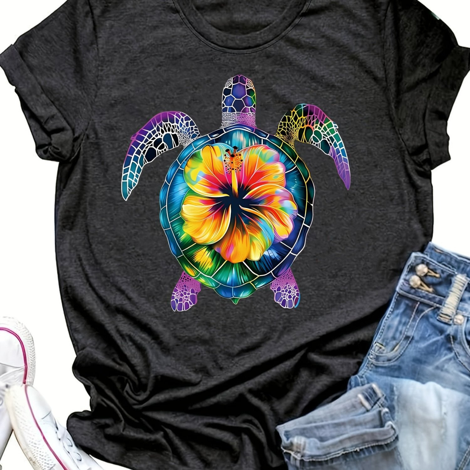 TEMU Women's Tropical Floral Turtle Print T-shirt | Short Sleeve Crew Neck | Vibrant Summer & Spring Casual Top | Machine Washable | Black With