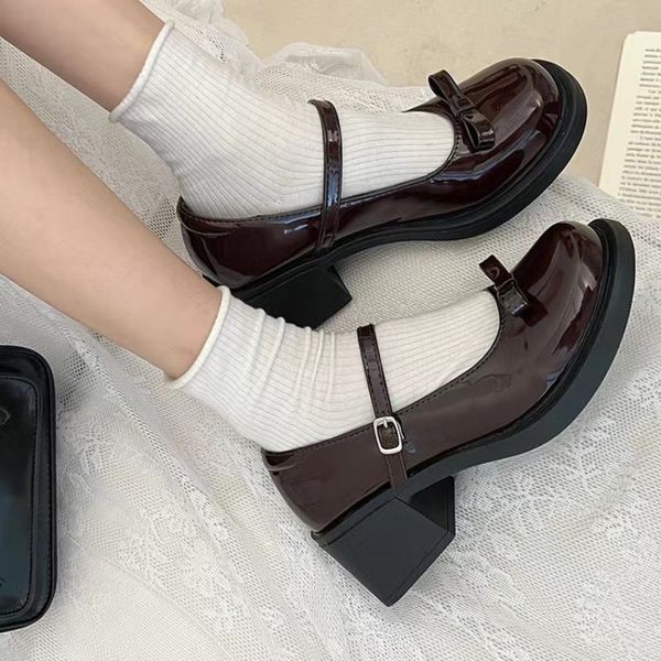 Jane Mary Vintage Bow Black Pumps Woman Buckle Non-Slip Casual Medium Heels Office Ladies Solid Elegant Dress Shoes 1af2