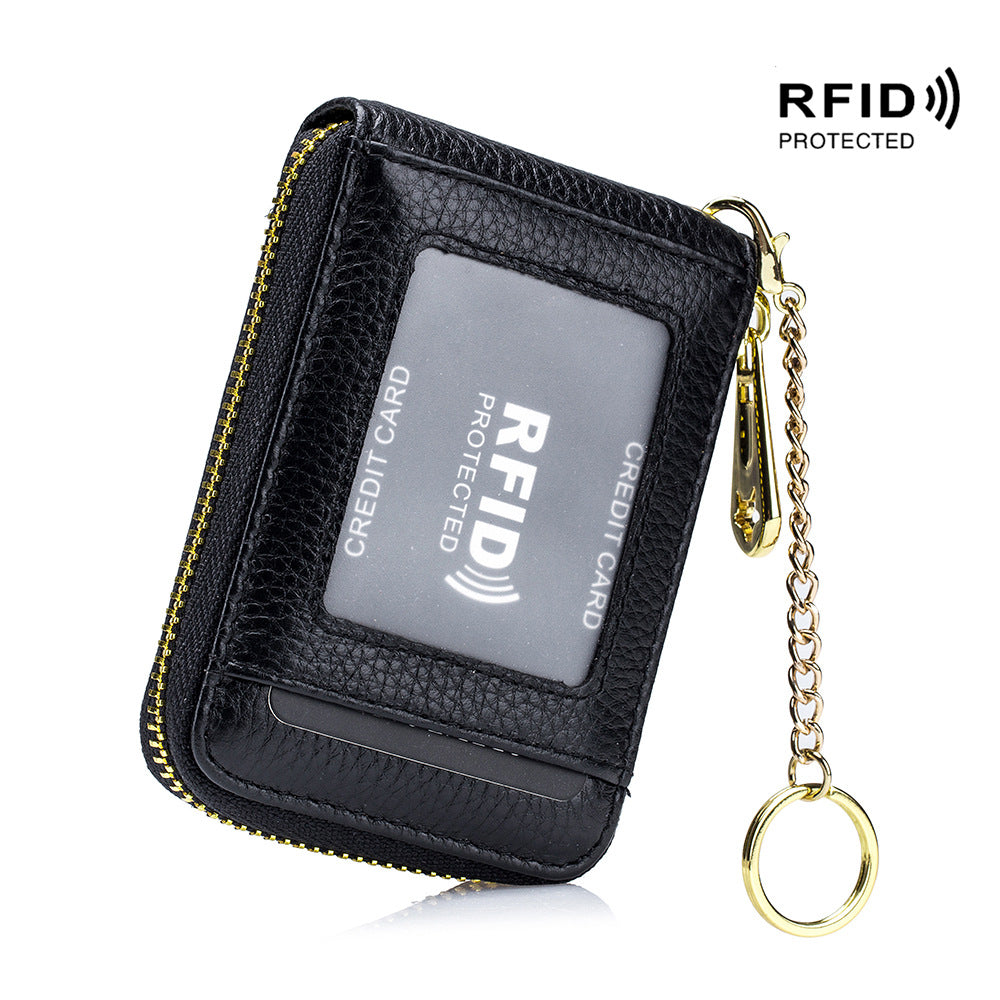 TEMU Premium Rfid Blocking Card Holder Wallet With Metal Chain Strap - Heavy-duty Zip Closure & Golden-tone Zippers, Rfid Shielded Cash & Id Window -