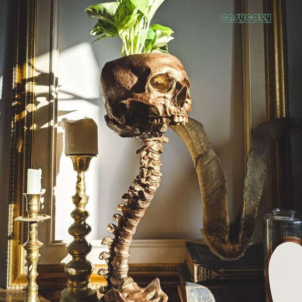 29c*13cm Resin Skull Planter With Spine Stand Realistic Flower Pot Gothic Home Decor Halloween Candy Bowl For Home Office Decor 876