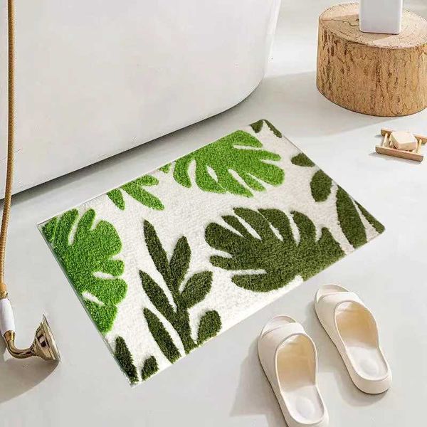 Carpets Green Leaf Rectangular Tufted Rug Cotton Children Bedroom Pad Kawaii Home Living Room Decor Bath Mat Plant Kitchen Bathroom Mat R240
