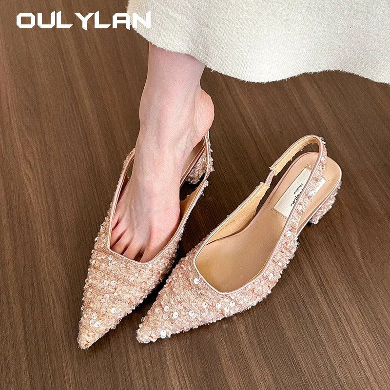 Womens high heels elegant camisole sparkling sandals fashionable Pointed Toe light and smooth womens Med Heel Pumps pink shoes 240919
