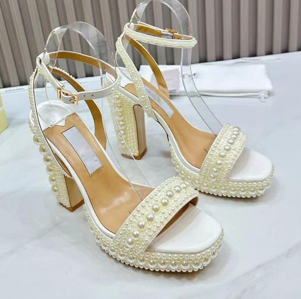 Designer Romantic Bride Wedding Sacora Sandals Women&#039;s Shoes White Pearl High Heels Brand Designer Women&#039;s High Heels Perfect Glad