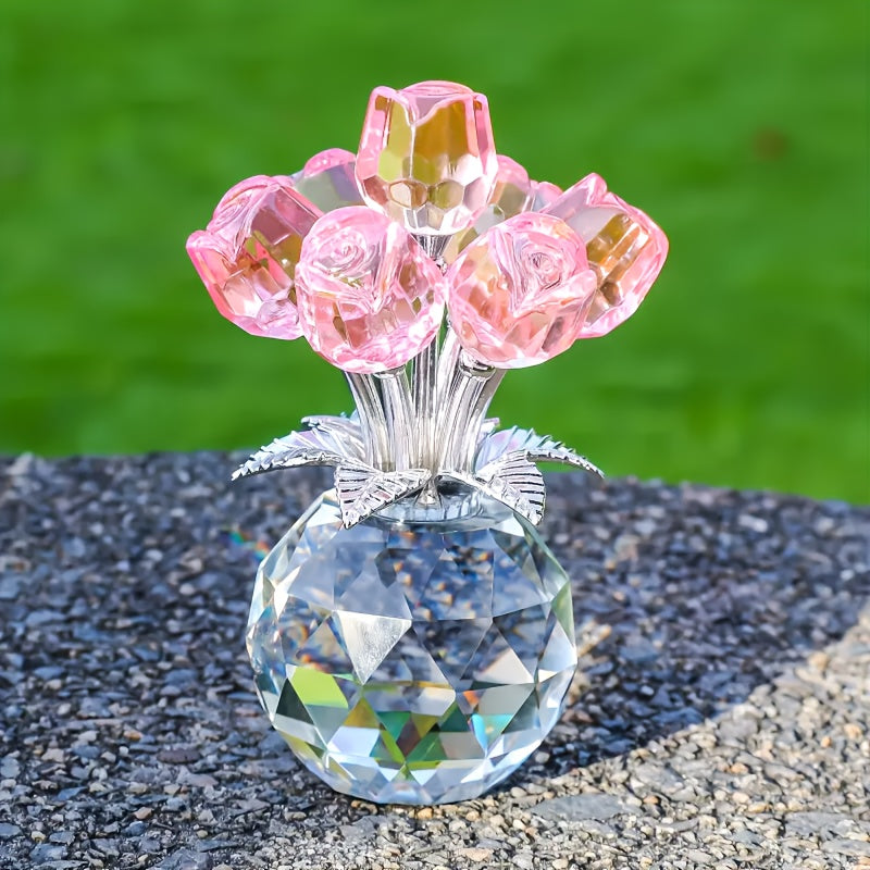 TEMU Colorful Rose Flower Crystal Figurine With Vase, Bouquet Flowers Ornament Gifts For Wife Girlfriend Women, Handmade Collectible Home Table Decor