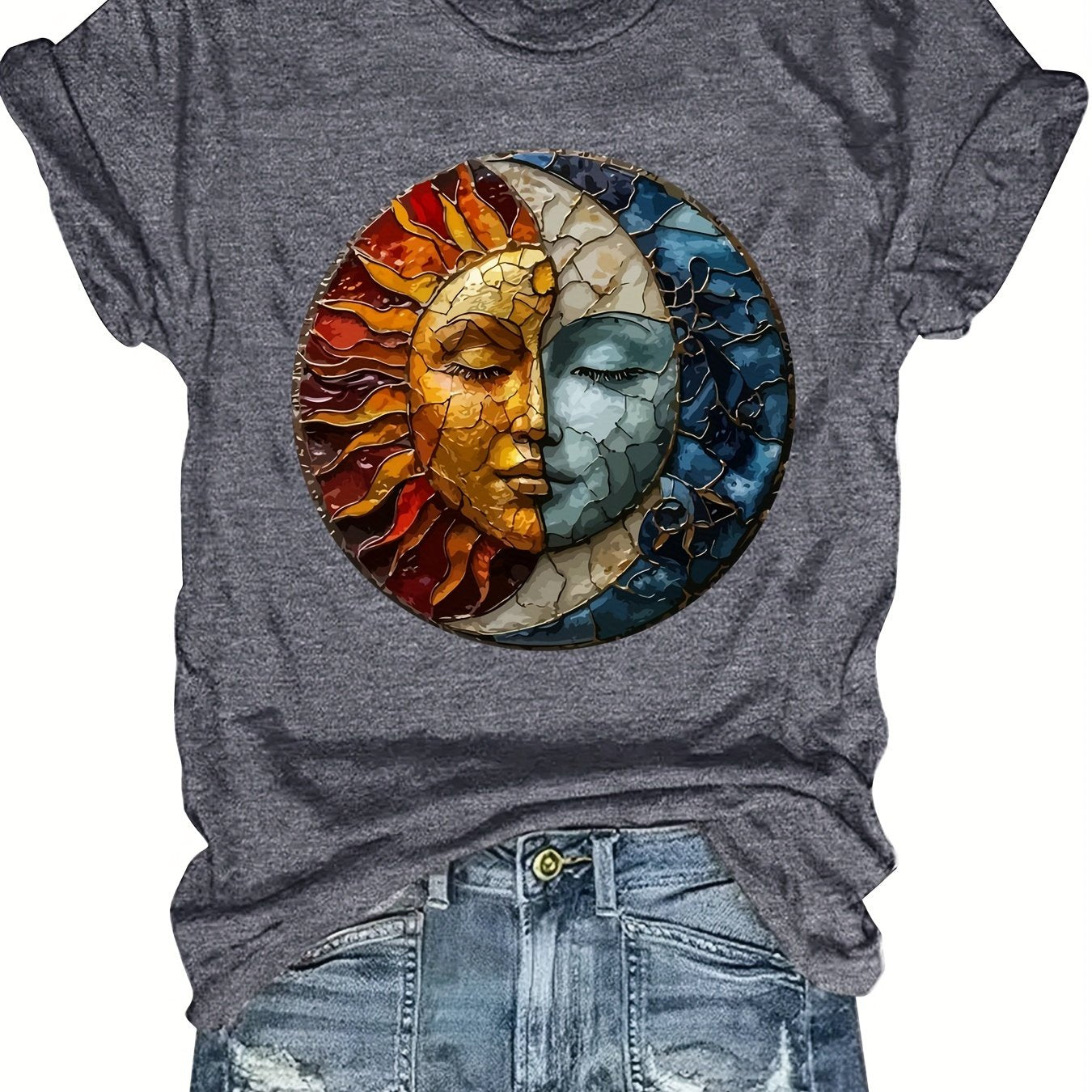 TEMU Plus Size Face Print T-shirt, Casual Short Sleeve Crew Neck Top For , Women's Plus Size Clothing