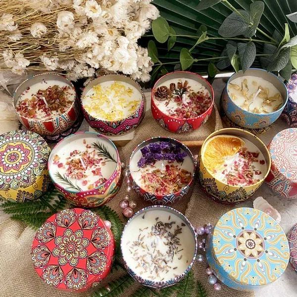 Scented Candles Tin can soy wax dried flower candles 120g. Sleep soothing bedroom bathroom home decoration 8 fragrances X241004