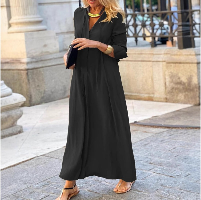 (1447) New Style Big Swing Skirt Solid Color Lapel Long Sleeve Simple Casual Long Shirt Dress