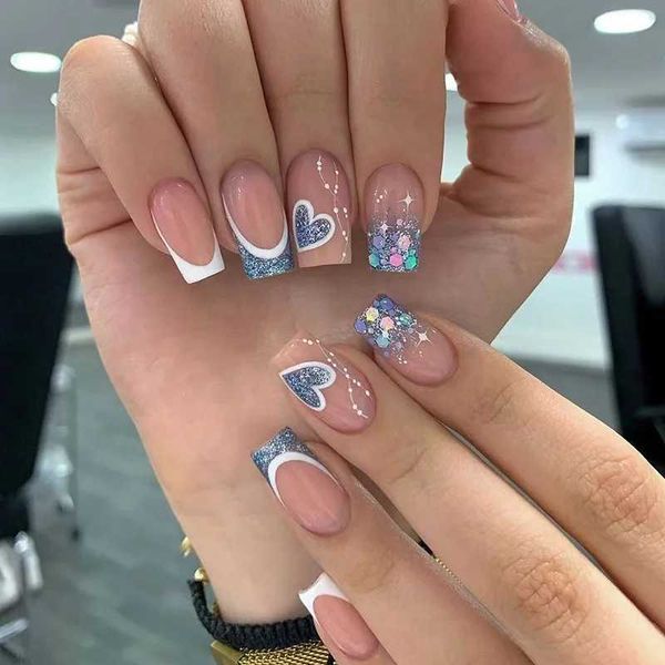 24pcs Blue Glitter Short False Nails Heart Design Fake Nails Art Full Coverage Waterproof Detachable Press on Nail with ToXJ250110