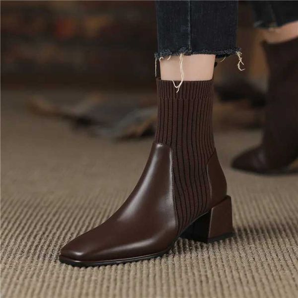 2023 Autumn Winter New Ankle Socks Shoes Women Fi Large Size 43 Knitted Short Boots Women Slip High Heels Botas De MujerXJ250115