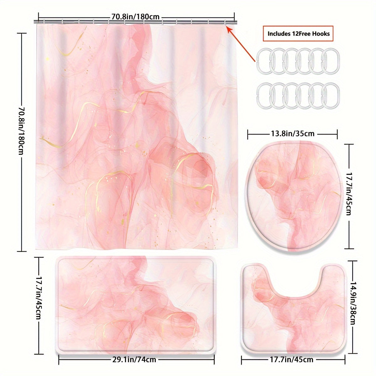 TEMU 4pcs Rose Pink Liquid Watercolor Background Marble Pattern Shower Curtain Gift Bathroom Decor Curtain And Toilet Floor Mat 3pcs Set With 12