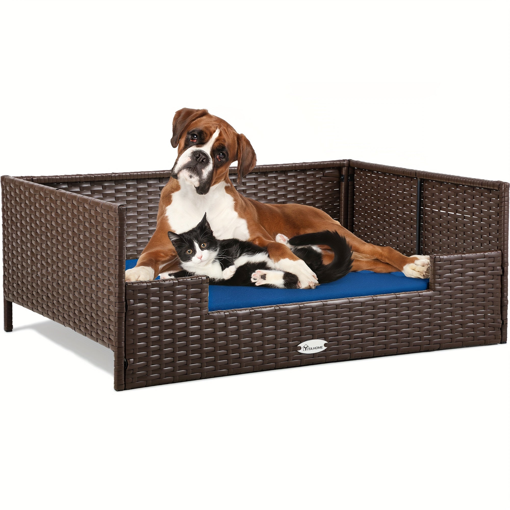 TEMU Yarsca Rattan Dog Bed With Cushion, Wicker Pet Bed Sofa Couch Indoor Outdoor Water Resistant For Large Medium Small Dogs Cats
