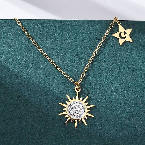 Collares colgantes de estrella de sol con rhinestone de cristal de acero inoxidable 201 para mujer