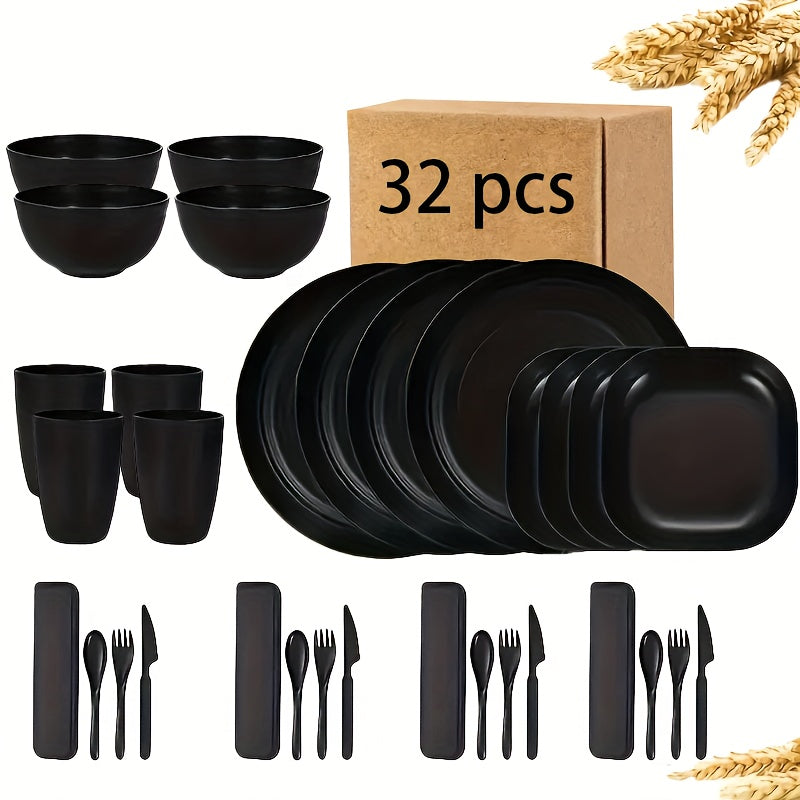 TEMU 32pcs Wheat Straw Tableware Set For 8-4 People - Dishwasher & Microwave-safe, Lightweight & Durable, Solid , Round Plates, Bowls, Cups, Spoons,