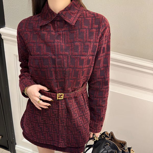 Designer New Womens Blouses Women Clothing Shirts Full Printed Long Shirt Classic Knitted Long Coat Short plush warm waist belt S M L