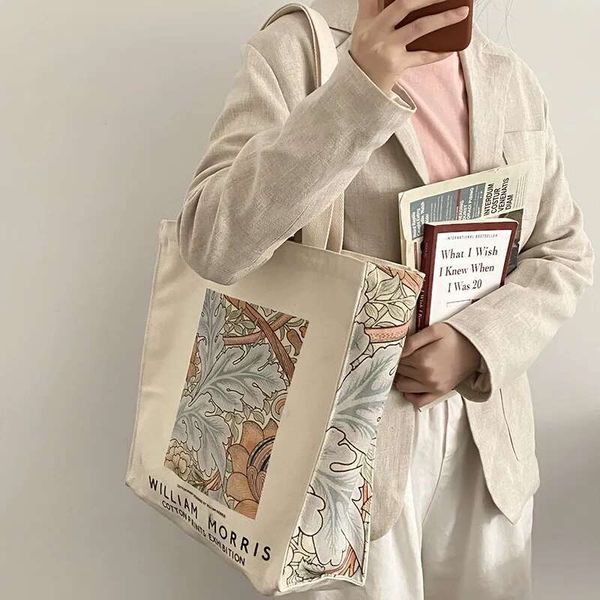 LITTLETON Canvas Extra Thick Female Shoulder Bag Van Gogh Morris Vintage Oil Painting Zipper Books Handbag Large Tote For Women Shopping