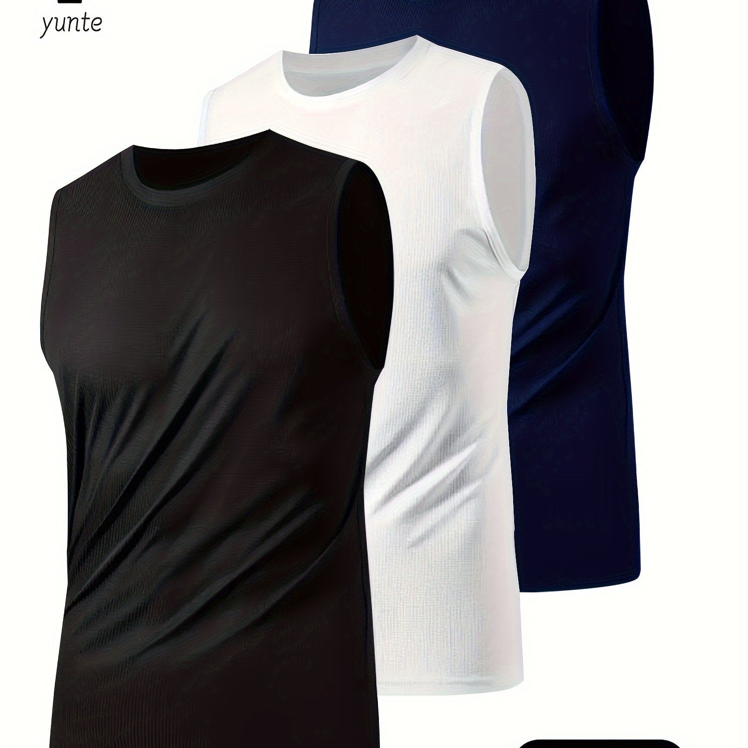 TEMU Yunte Men's 3-pack Polyester Tank Tops - Crew Neck Sleeveless Shirts For Sports, Running & Workout - Solid Color, Breathable, Quick-dry, Slight