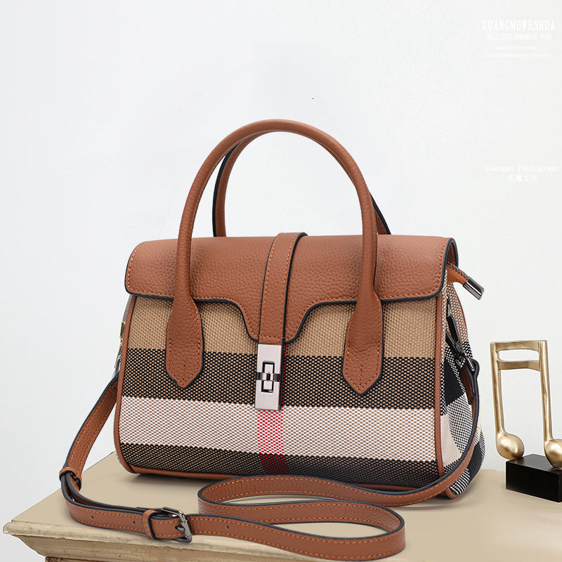 Aidrani Classic Checkered Women&#039;s Designer Large Capacity Handbag Canvas Spliced Cowhide Shoulder Boston Crossbody Bag