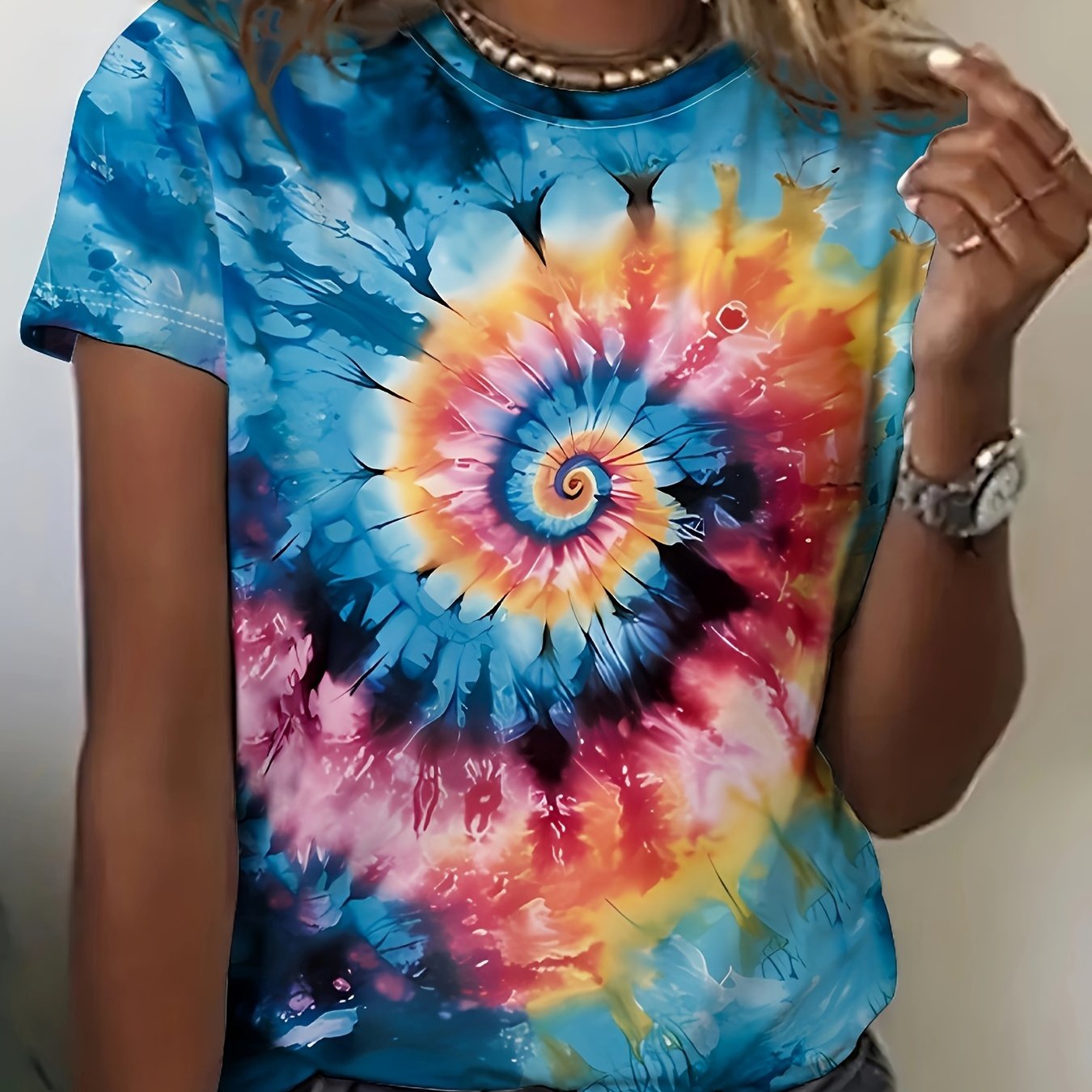 TEMU Tie Dye Crew Neck T-shirt, Casual Short Sleeve Top For , Women's Clothing