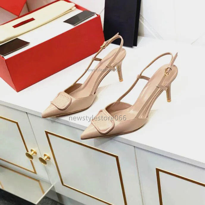 Designer Pointed Sandals High Heels Wedding Shoes Summer Luxury Brand etal Buckle Real Leather Thin Heel 6cm 8cm 10cm Womens Pumps Red Dust Bag Size