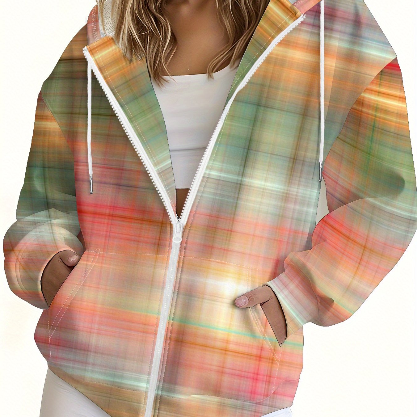 TEMU Oversized Hooded Jacket With Large Side Pockets - Pink Winter Coat, Full-zip Front & Turquoise Accent, Casual Outerwear For Fall-winter, Phone &