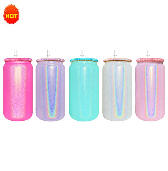 Wholesale Bulk free shipping Holographic Shimmer 15oz 16oz shimmer sublimation shimmer beer glass mix colors with lids and straws ready to s