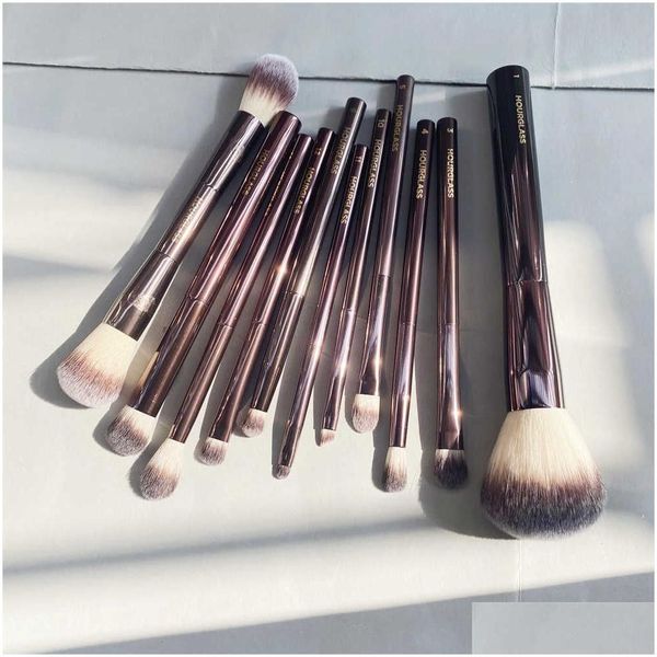 Makeup Brushes Makeup Brushes Hourglass Set 10Pcs Powder B Eyeshadow Crease Concealer Eyeliner Smudger DarkBronze Metal Handle Cosmetics Dro
