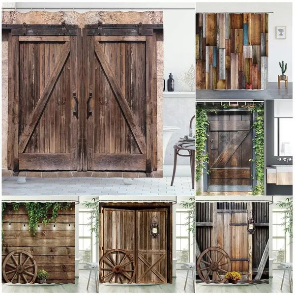 Rustic Shower Curtains Wooden Barn Door in Stone Farmhouse Image Vintage Desgin Rural Art Architecture Fabric Bathroom Decor Set 240105