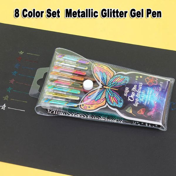 8Pcs Set Metallic Glitter Highlighter Gel Pen 1.0mm Tip Color Changing For Art Drawing Scrapbooking Writing Stationery