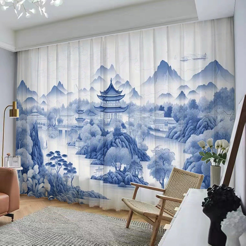 YL-37072 Chinese style ink landscape painting, new Chinese style curtains, new mesh curtains, classical and simple living room window curtain