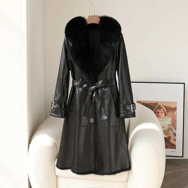 Women&#039;s Fur Faux Fur Womens real rabbit fur and leather winter jacket luxury fox fur collar long coat warm coat park H241207
