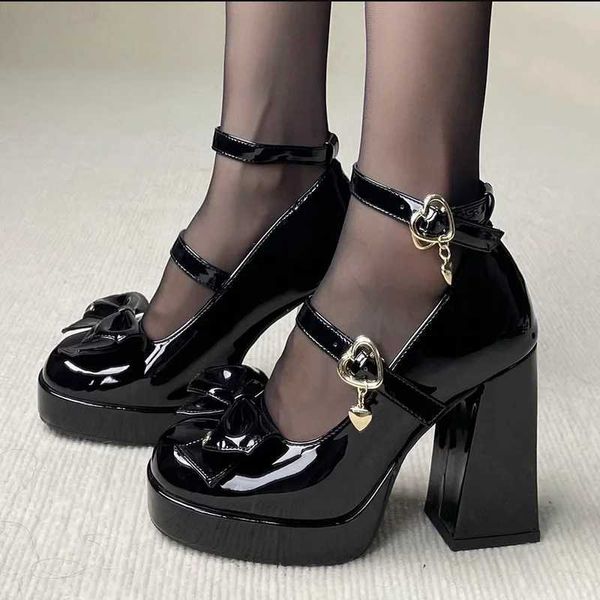 Punk Buckle High H Pumps Wen 2024 Spring Y2K Black Shorty Platform Lolita Shoes Wan Bowtie Thick High Heels Gothic Shoes Y241102