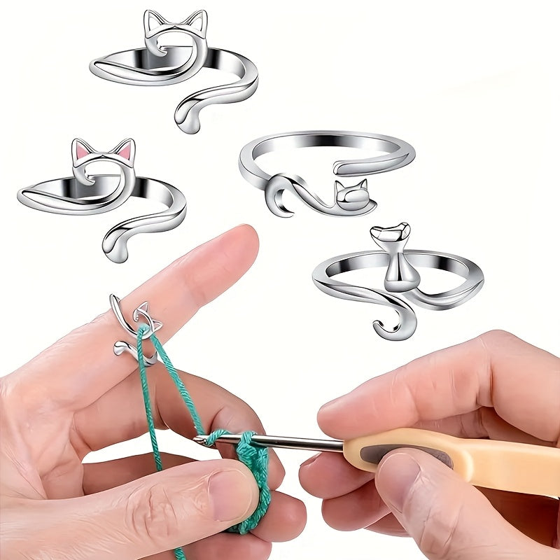 TEMU 4pcs Adjustable Cat Crochet Rings - Metal Yarn Guides With Cat (hearts, Bells, ) For Knitting & Crochet, Ergonomic Finger Loops For Women, Moms,