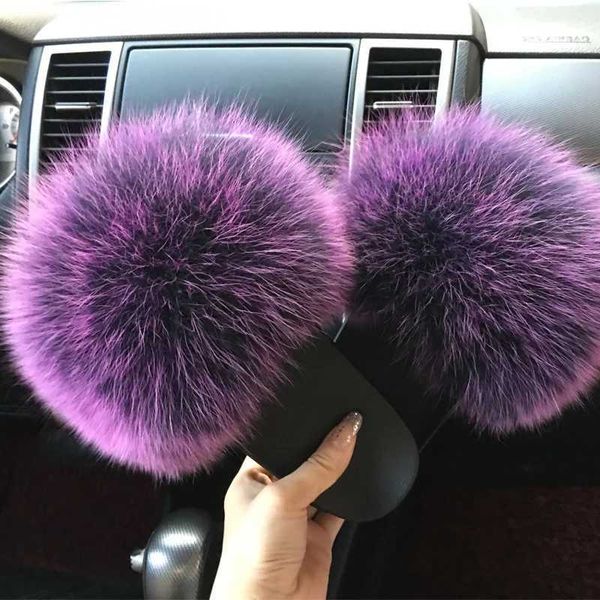 Slippers Summer fox fur slider fluffy womens designer cute plush real fur slider womens fur sandals home apartment wholesale Q241011