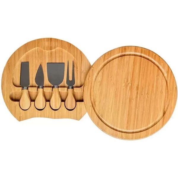 Bamboo Kitchen Tools Cheese Board And Knife Set Round Charcuterie Boards Swivel Meat Platter Holiday Housewarming Gift J