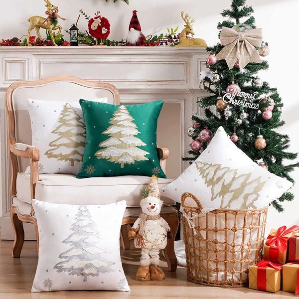 Pillow Case 1pc Christmas Embroidery Throw Cover 18x18 inch Christmas Dec Velvet cases Forest Green Christmas Tree Cushion PilC241109