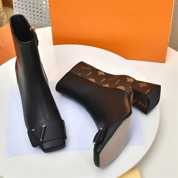 Designer shake boot women ankle boots classic prints cowskin leather booties 5.5CM V boots chunky heels square party boots lady shoes
