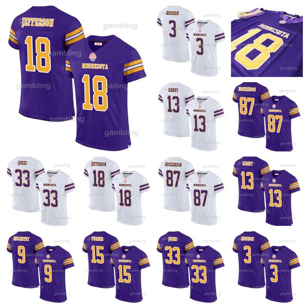 2024 Mens-Youth-Women Custom Football Stitched Jerseys 9 J.J. McCathy 33 Aaron 18 Justin 87 T.J. 3 C.J. Ham Darrisaw Smith Sam Darnold Embro