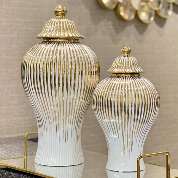 SZHOME Ceramic Ginger Golden Stripes Decorative General Jar Vase Porcelain Storage Tank with Lid Handicraft Home Decoration