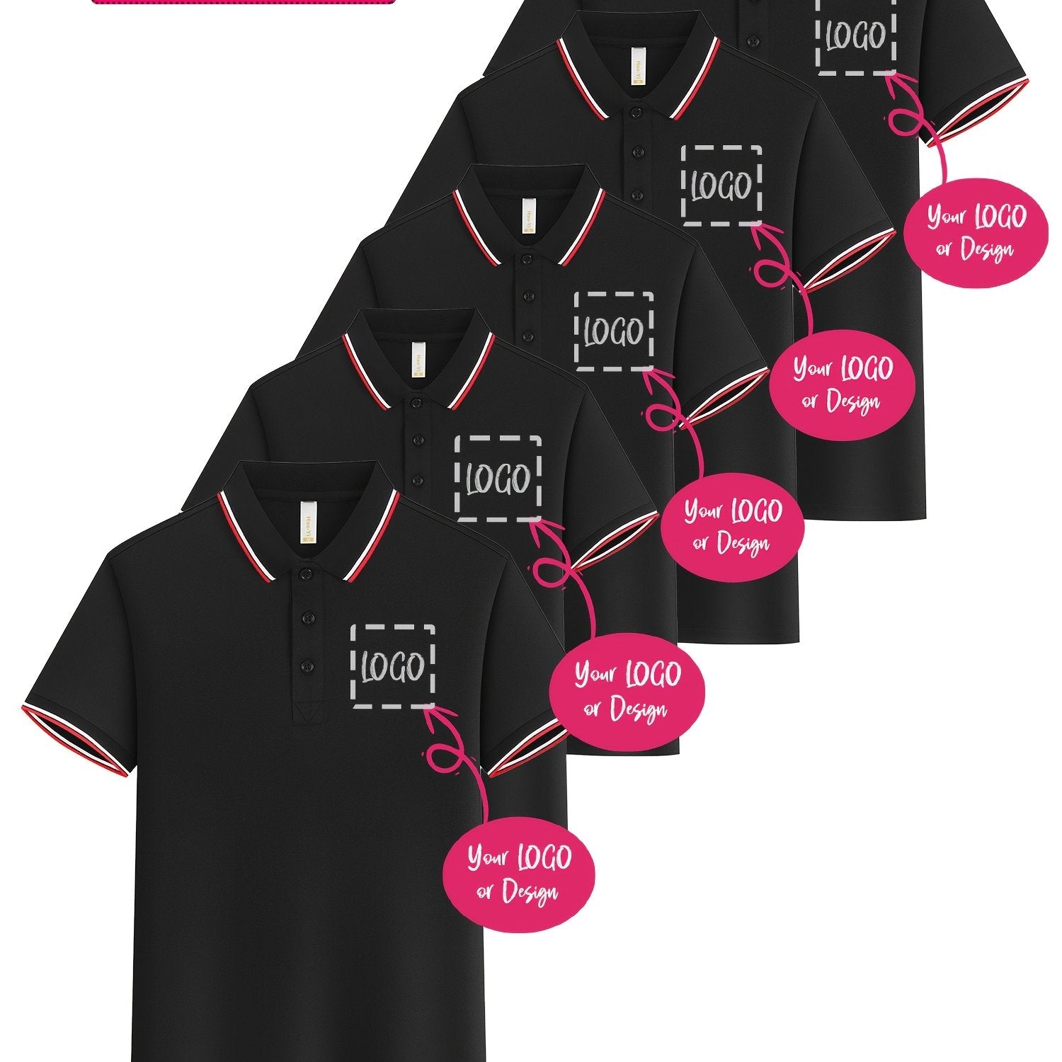 TEMU 5pcs Men's Summer Striped Collar Shirts, Custom Logo Digital Heat Transfer, Casual Fashion Lapel Short Sleeve Tops, Breathable Lightweight