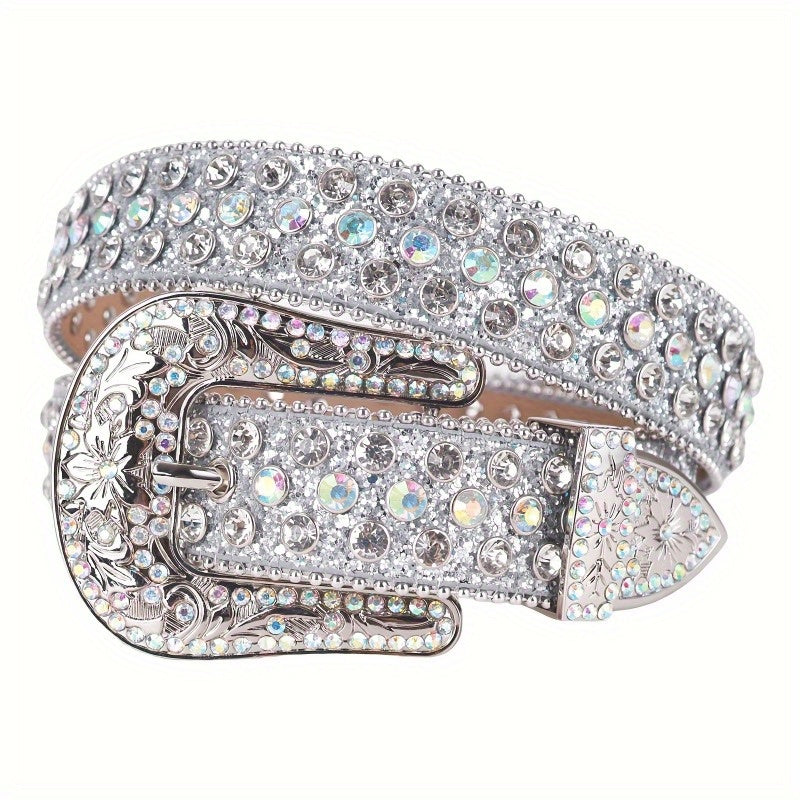 TEMU Y2k Style Belt With Silvery Glitter , Luxury Blonde Engraving , Punk, Crystal Inlaid Jeans Belt For Women, Casual Attire, Party, Daily , Weekend