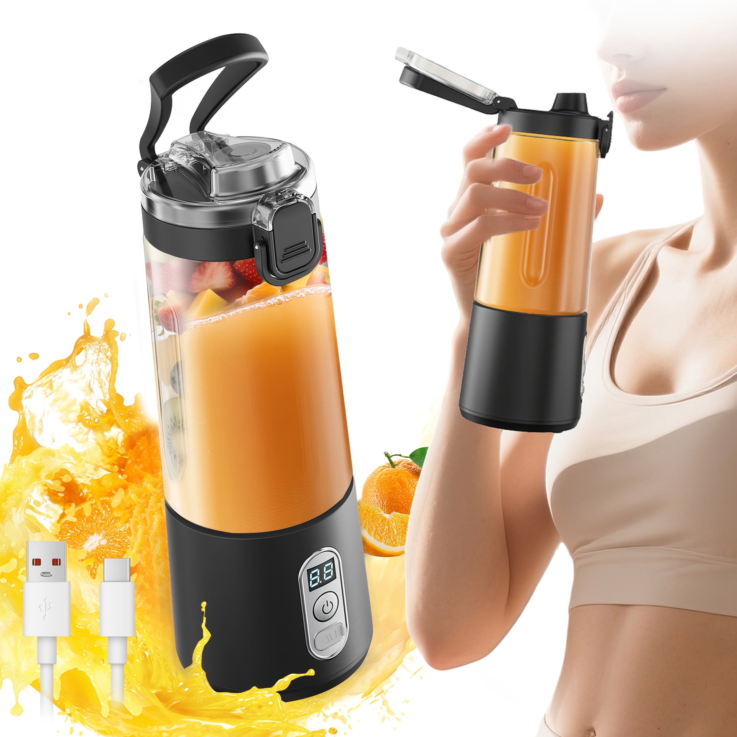 TEMU Lalayuan Usb-powered Juicer & Juicer With Digital Timer, Battery Left Display, , Usb-c Fast Charge, One-tap Lid, 6-blade Stainless Steel -