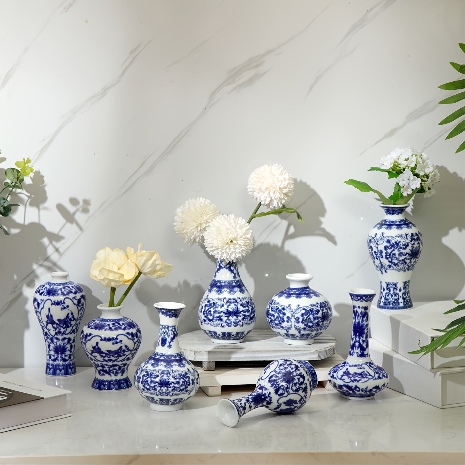 TEMU 8pcs Chinoiserie Bud Vases Small Blue And White Flower Porcelain Vase Ceramic Vintage Floral Chinese Vase Set For Home Dining Room Living Room