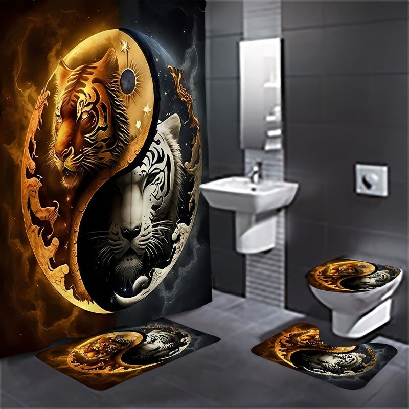 TEMU 1-4pcs Blue Flower Patterned Shower Curtain Set, Including Waterproof Shower Curtain, Non Slip Floor Mat, Toilet Seat Cover, And U-shaped Mat,