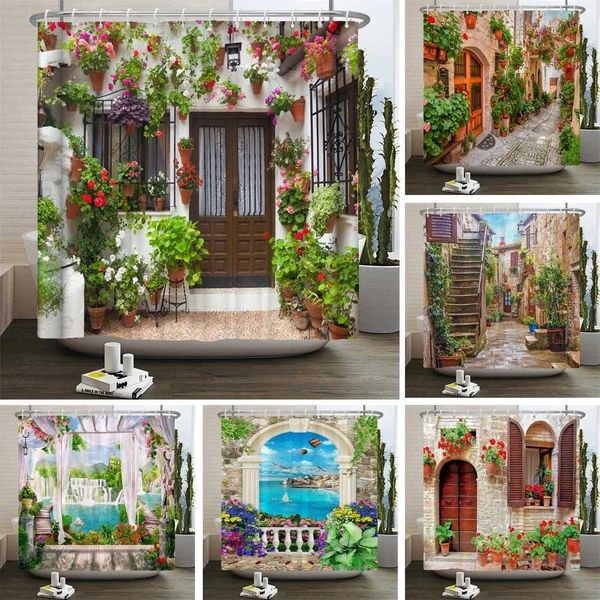 Garden Flowers Scenery Shower Curtains Bath Curtain Waterproof Bathroom Home Decor Washable Fabric Bathroom Screens Y240816