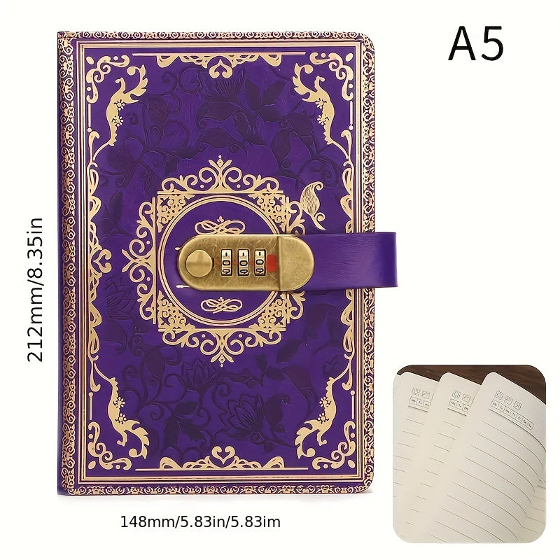 TEMU Thickened Vintage Password Lock Diary, A5 Vintage Password Book With Lock, Pu Leather 200 Page Notebook, Creative Ledger, Stationery, Ledger