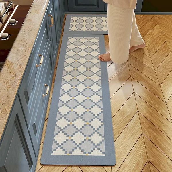 Kitchen PVC Carpet Leather Waterproof and Anti slip Floor Mat Oil proof Blue and White Grid Home Decoration Carpet Ethylene Base Carpet Flow