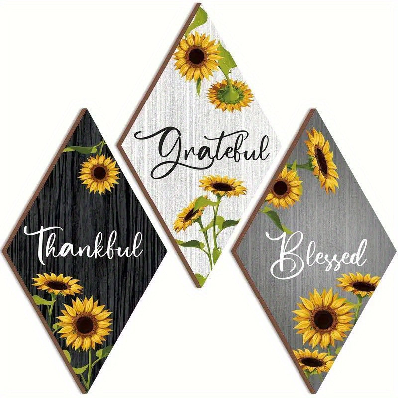 TEMU 2d Flat, 3-piece Sunflower Wooden Wall Decor Set With Quotes - Gratitude, & Thanks – Double-sided No-nail Adhesive For Living Room, Bedroom Home