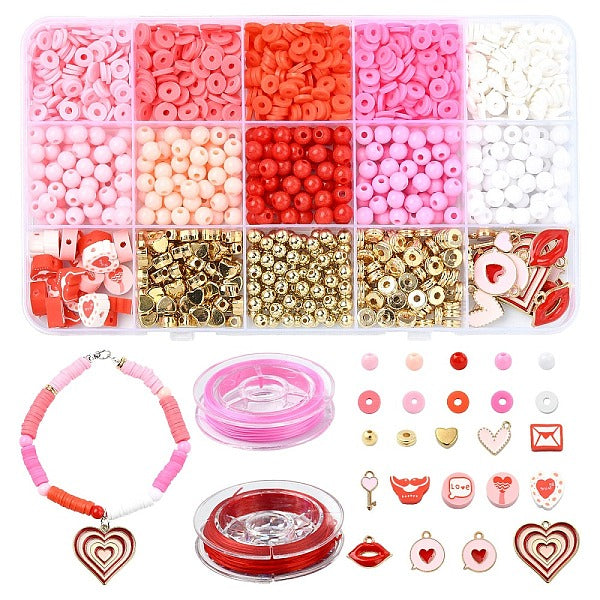 Valentine's Day DIY Polymer Clay Beads & Alloy Enamel Charm Stretch Bracelets Making Kits
