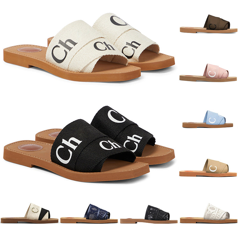 2024 Designer woody sandals women mules flat slides Light Tan Beige White Black Pink Blue Brown lace lettering fabric canvas slippers summer beach s
