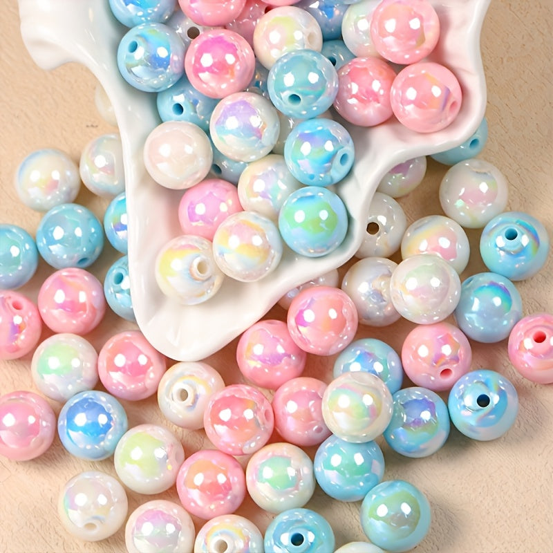 TEMU 100pcs 14mm Pastel Blue-pink-white Iridescent Acrylic Round Beads With Straight Holes For Making, Bracelets, Phone Chains & Pen Charms - Smooth